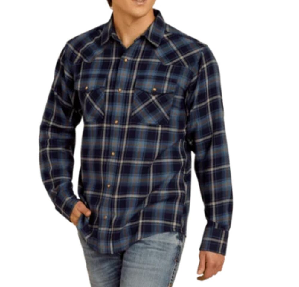 Ariat Mens Hugo Retro Snap Front Long Sleeve Flannel Plaid Shirt Blue LARGE